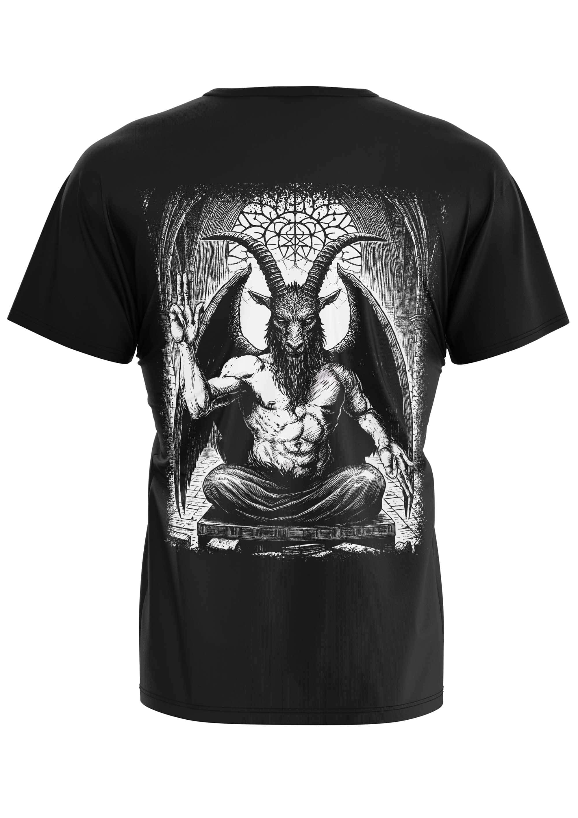 Schwarzes kurzarmshirt mit gothic horror bitte grafik eines hornigen flügeligen baphomet in kathedralumgebung auf der rückseite